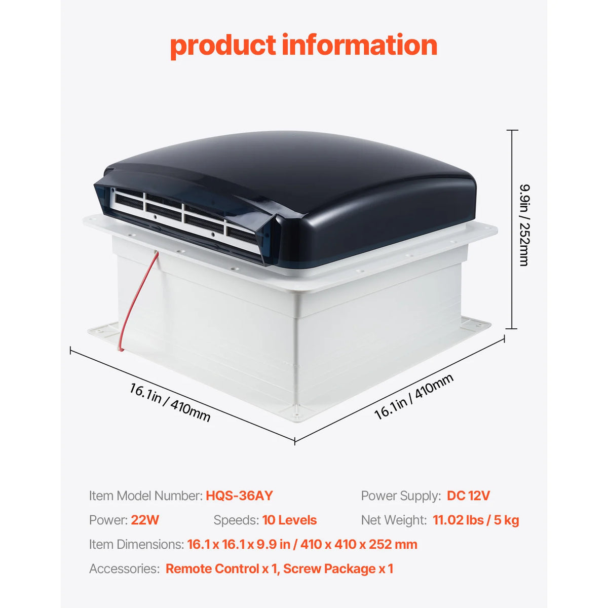 SucceBuy RV Vent Fan14 inch RV Roof Vent Fan 12V 10-Speed Reversible Fan with Remote Control Power Top Lid 12 inch Fan Blade