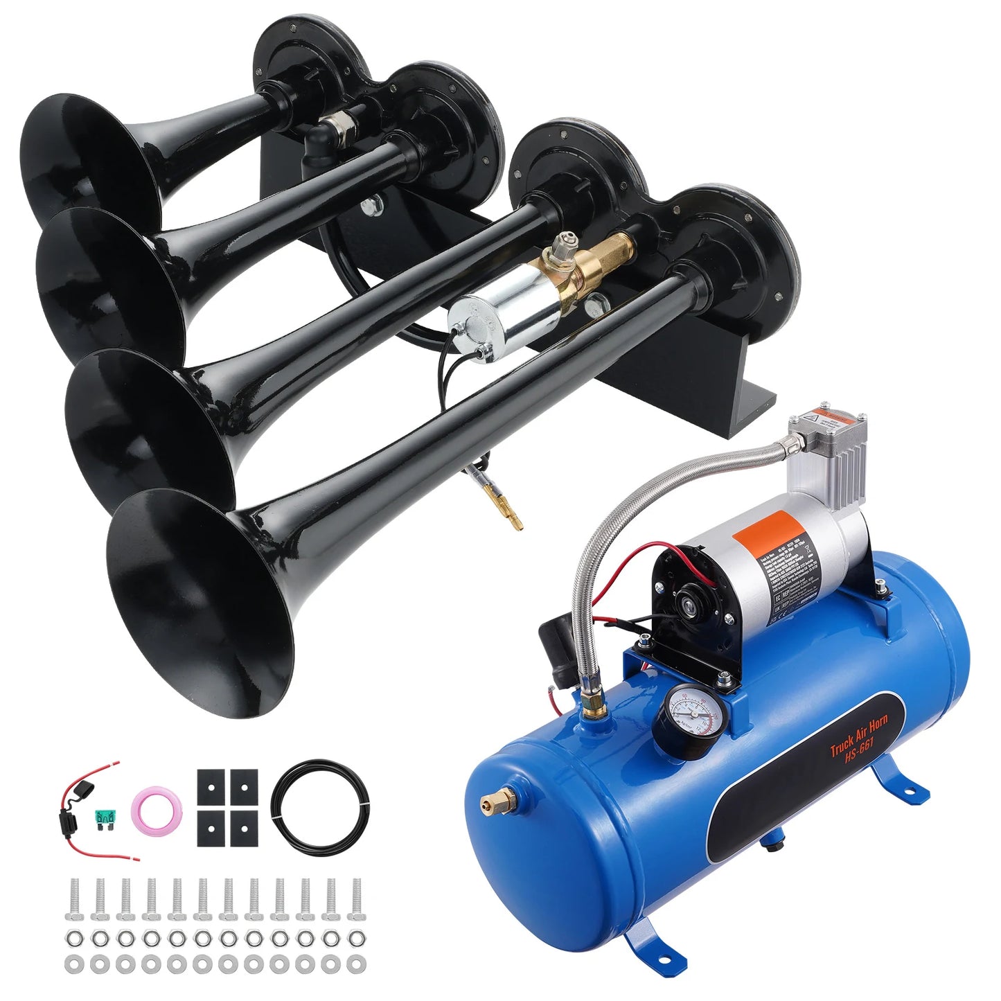 SucceBuy Train Horns Kit 4 Trumpet Air Horn Kit 150dB Train Horns 12V 120 psi Air Compressor for Car Truck Train Van Boat Pickup