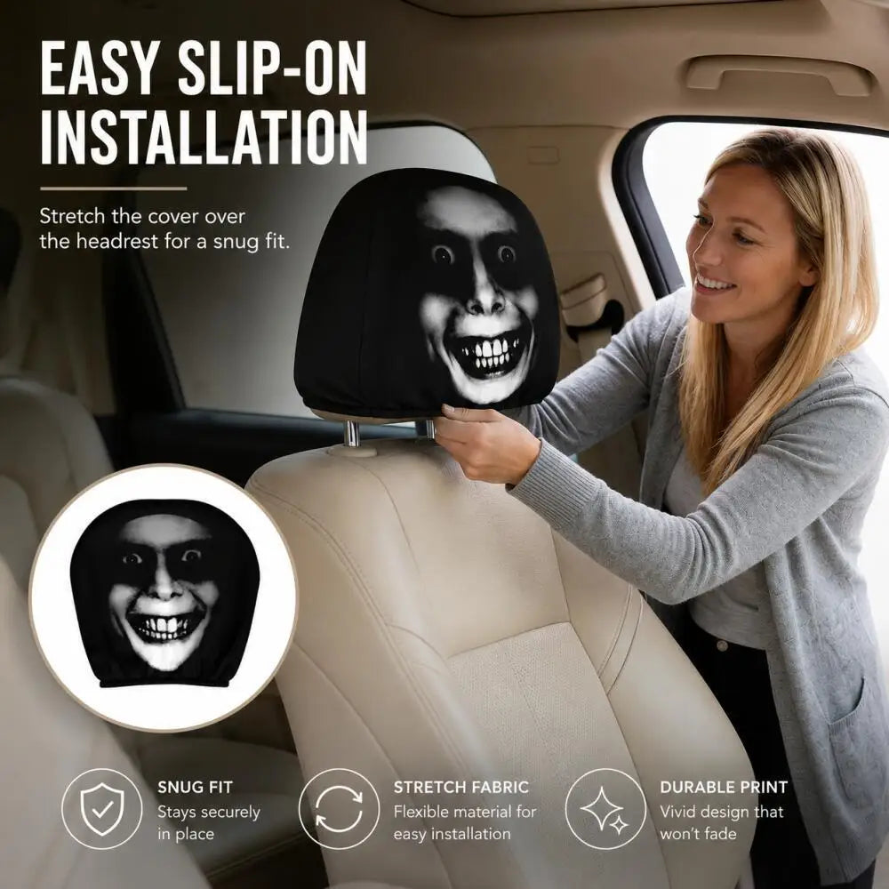 2PCS Scary Smile Face Car Headrest Covers Horror Grinning Print Black Auto Headrest Protector Universal Halloween Decor