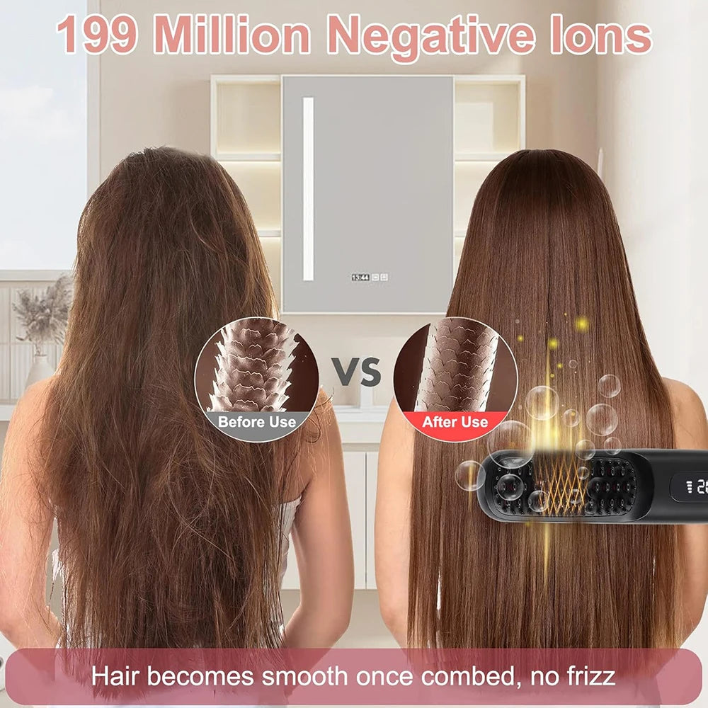 Hair Straightener Brush with LCD Display Cordless USB Charging Straightener Portable Mini Straightening Brush for Home Travel