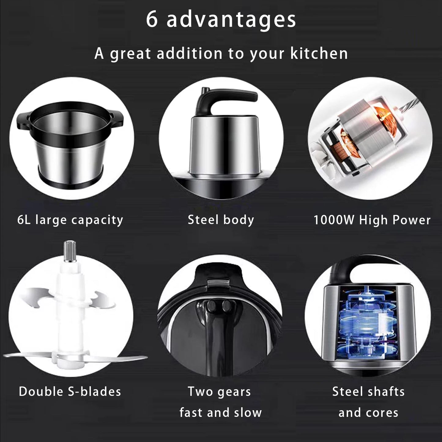 6L Stainless Steel Electric Meat Grinder 1000W Powerful Meat Mincer Stainless Steel Vegetable Chopper EU Plug For Home Kitchen Use