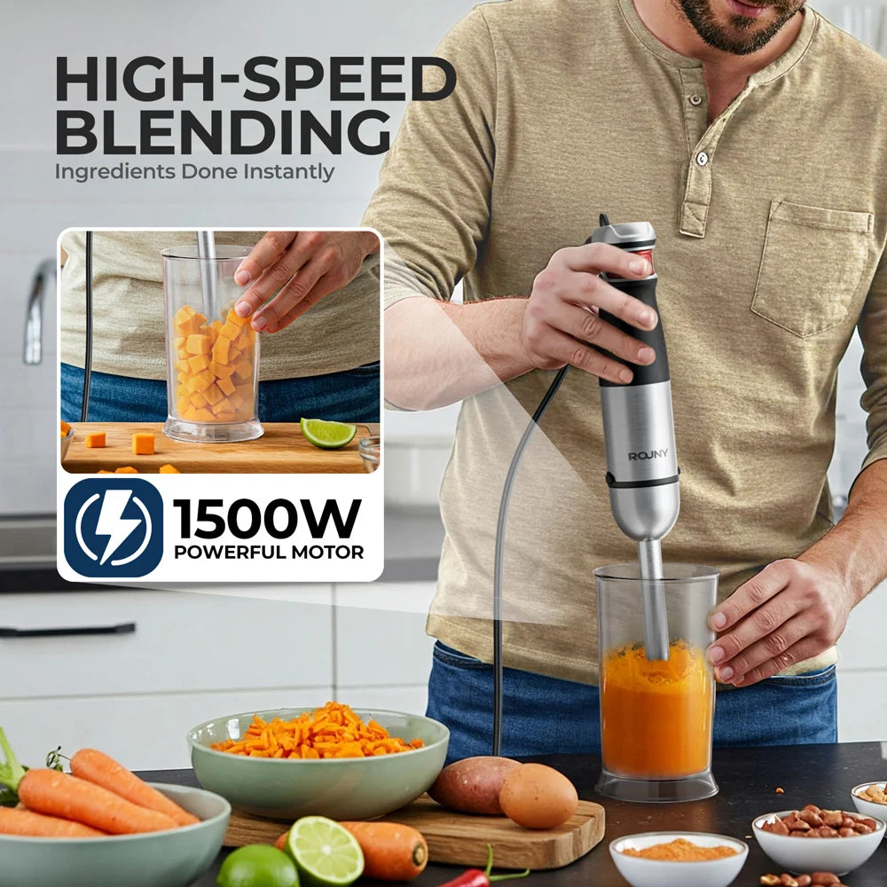 1500W 6-in-1 Immersion Hand Blender, Stainless Steel Shaft & Blades, 500ml Chopper/600ml Beaker/Whisk, BPA-Free, Snap Storage