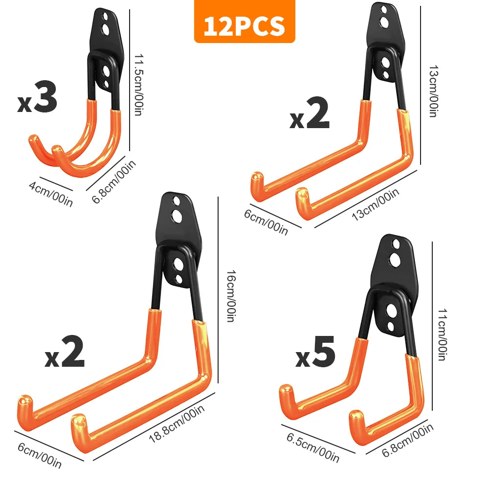 12 Pack Heavy Duty Utility Steel Garage Hooks, Wall Mount Garage Hanger & Organizer for Organizing Power Tools, Garden Tool