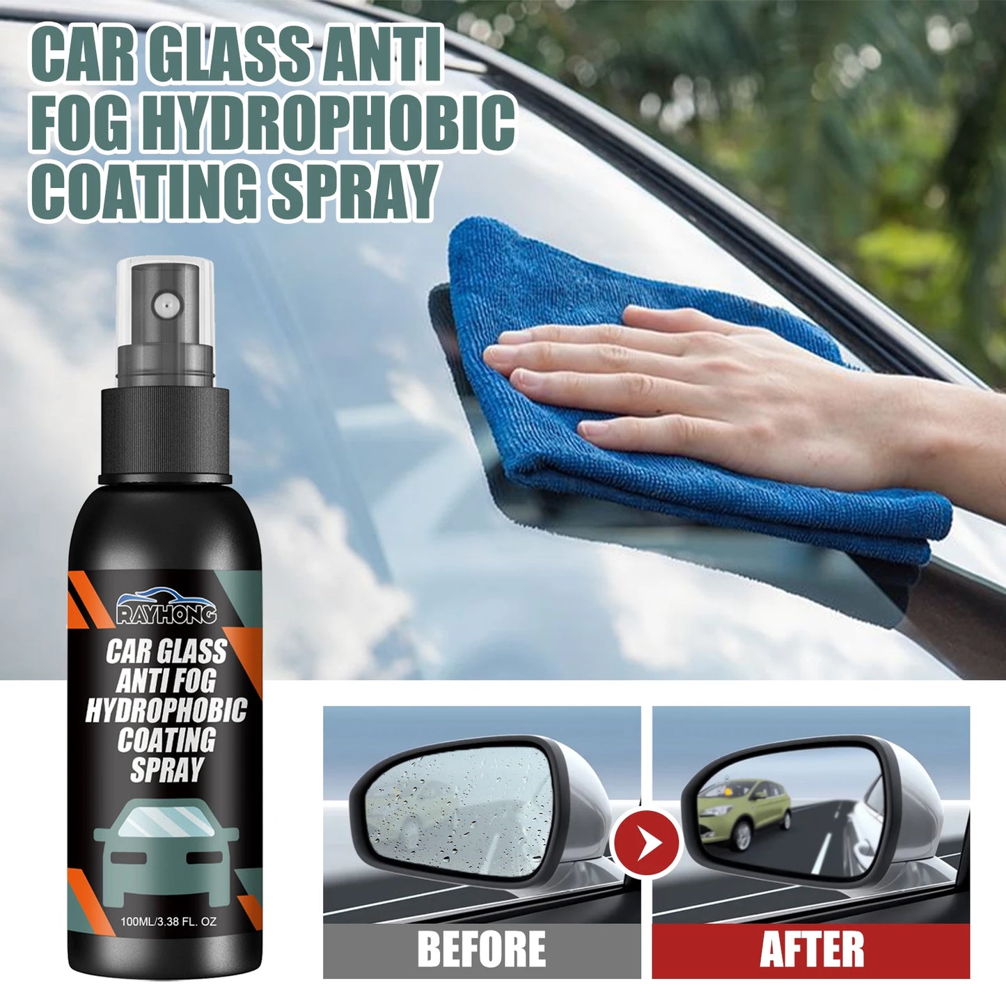 RAYHONG 100mL Car Glass Anti Fog Hydrophobic Coating Spray, Deep Cleaning, Water-Repellent And Anti-Fog, Long-Lasting