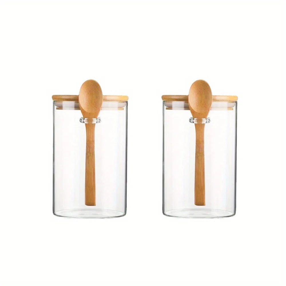 Coffee Sugar Container Salt 1/2/3/4pcs Airtight Glass Jars with Bamboo Lids and Spoons 18oz Glass Bulk Food Storage Jar