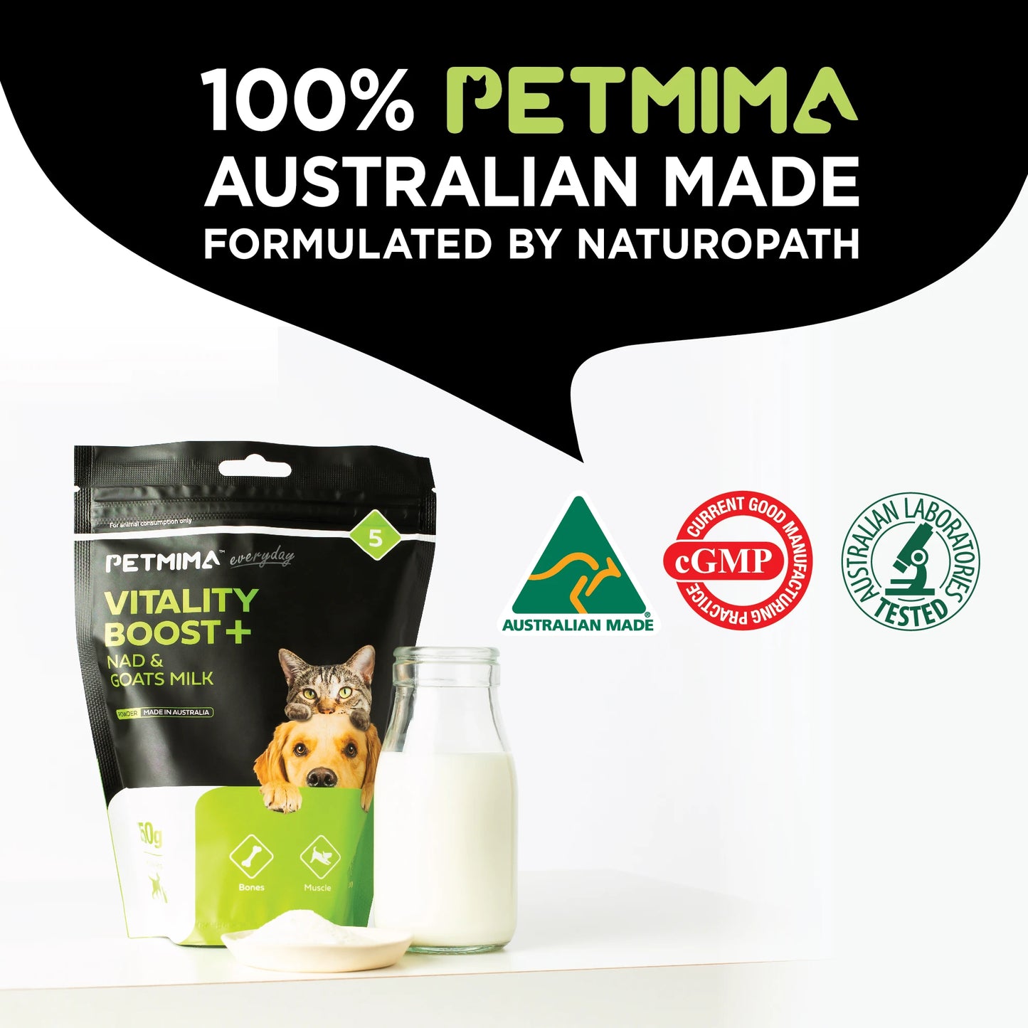 Homart Petmima | Senior Supplement Vitality & Immunity Boosting  For Dogs & Cats | Vitality Boost + Nad & Goats Milk powder 250g
