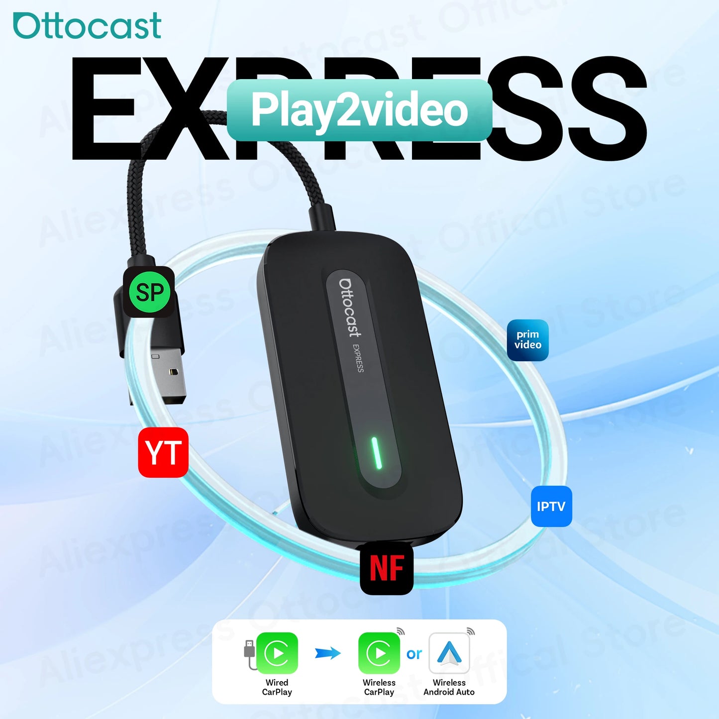 OTTOCAST Play2Video Express AI Box for Youtube Netflix Wireless CarPlay Android Auto Adapter Car Accessories for Benz Toyota VW