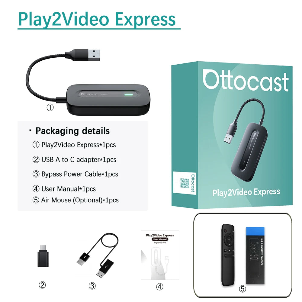 OTTOCAST Play2Video Express AI Box for Youtube Netflix Wireless CarPlay Android Auto Adapter Car Accessories for Benz Toyota VW