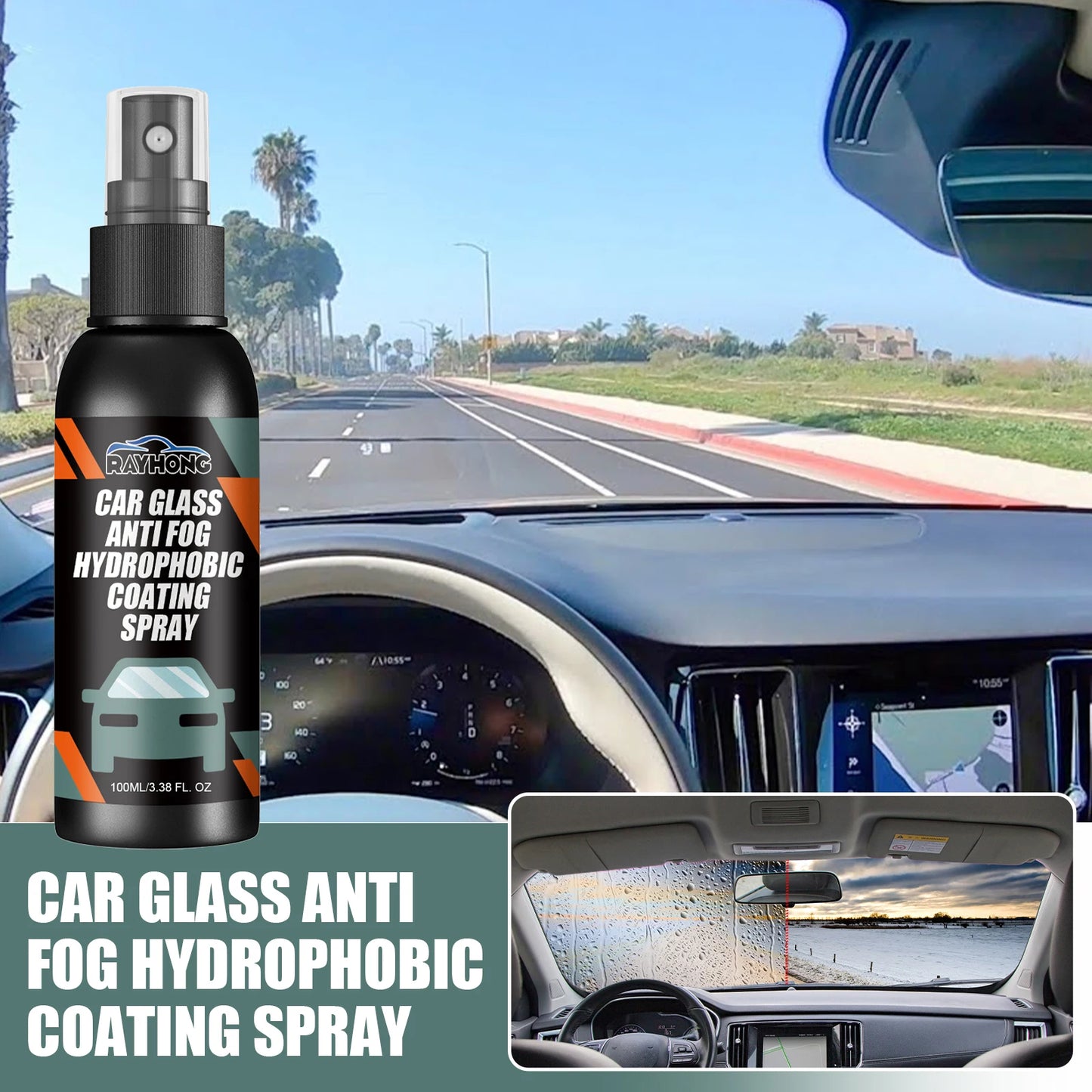 RAYHONG 100mL Car Glass Anti Fog Hydrophobic Coating Spray, Deep Cleaning, Water-Repellent And Anti-Fog, Long-Lasting