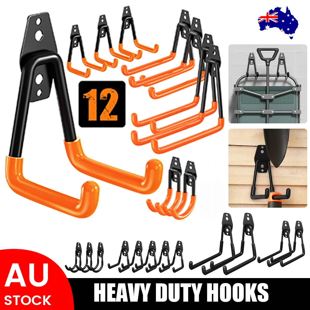 12 Pack Heavy Duty Utility Steel Garage Hooks, Wall Mount Garage Hanger & Organizer for Organizing Power Tools, Garden Tool