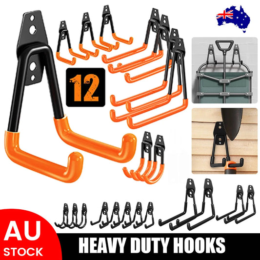12 Pack Heavy Duty Utility Steel Garage Hooks, Wall Mount Garage Hanger & Organizer for Organizing Power Tools, Garden Tool