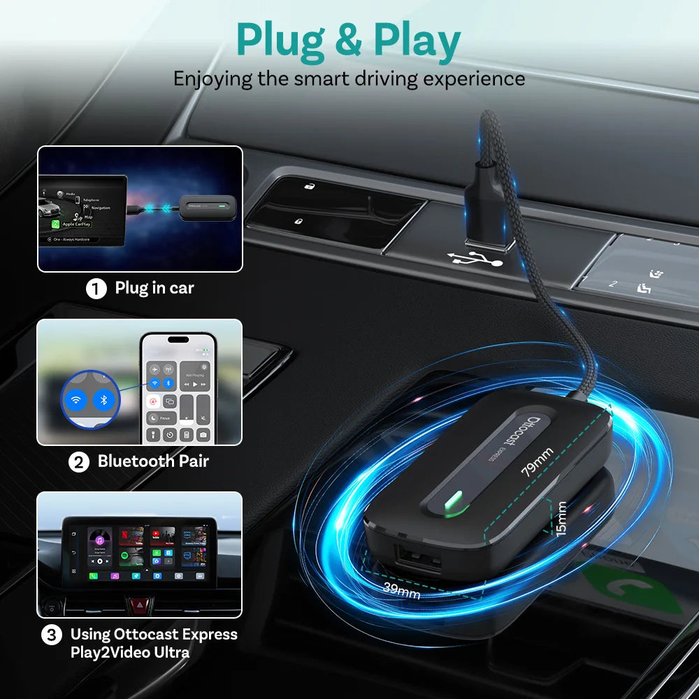 OTTOCAST Play2Video Express AI Box for Youtube Netflix Wireless CarPlay Android Auto Adapter Car Accessories for Benz Toyota VW