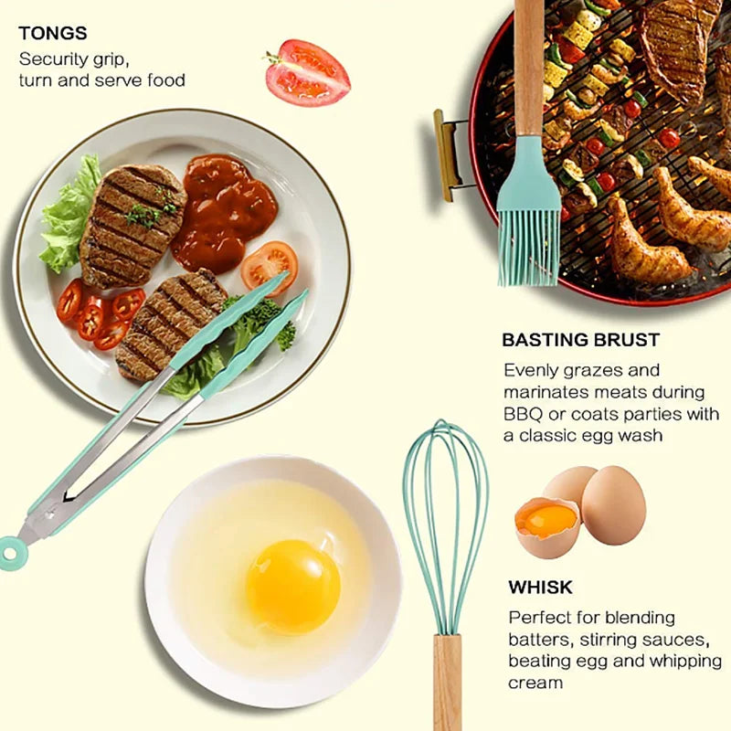 12 Piece Set Kitchen Accessories Cooking Tools Silicone Cooking Utensils Kitchen Utensil Set with Wooden Handle
