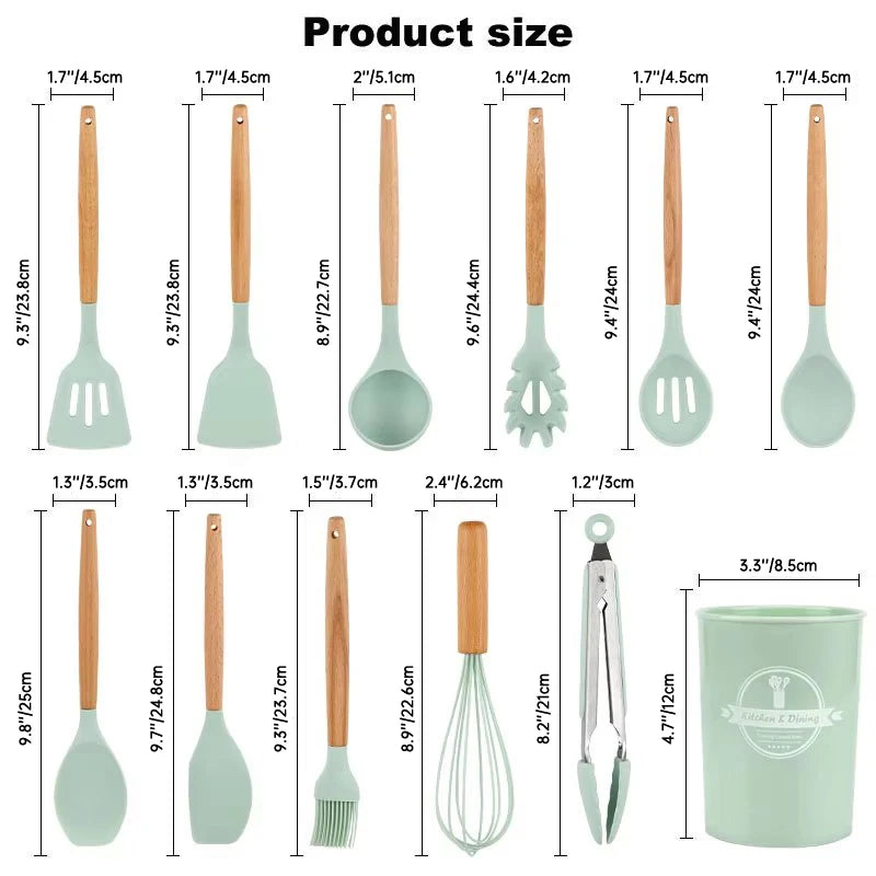 12 Piece Set Kitchen Accessories Cooking Tools Silicone Cooking Utensils Kitchen Utensil Set with Wooden Handle