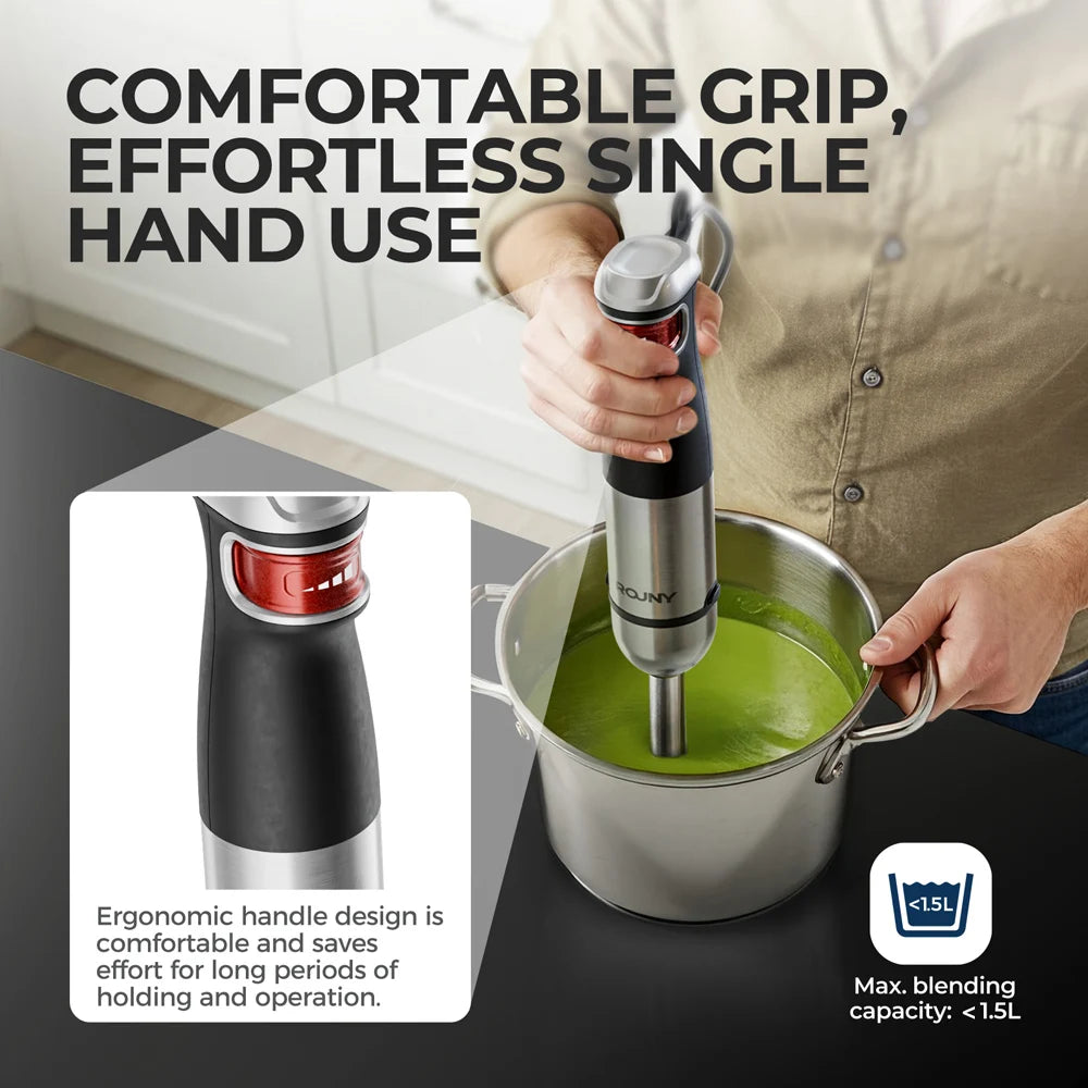 1500W 6-in-1 Immersion Hand Blender, Stainless Steel Shaft & Blades, 500ml Chopper/600ml Beaker/Whisk, BPA-Free, Snap Storage