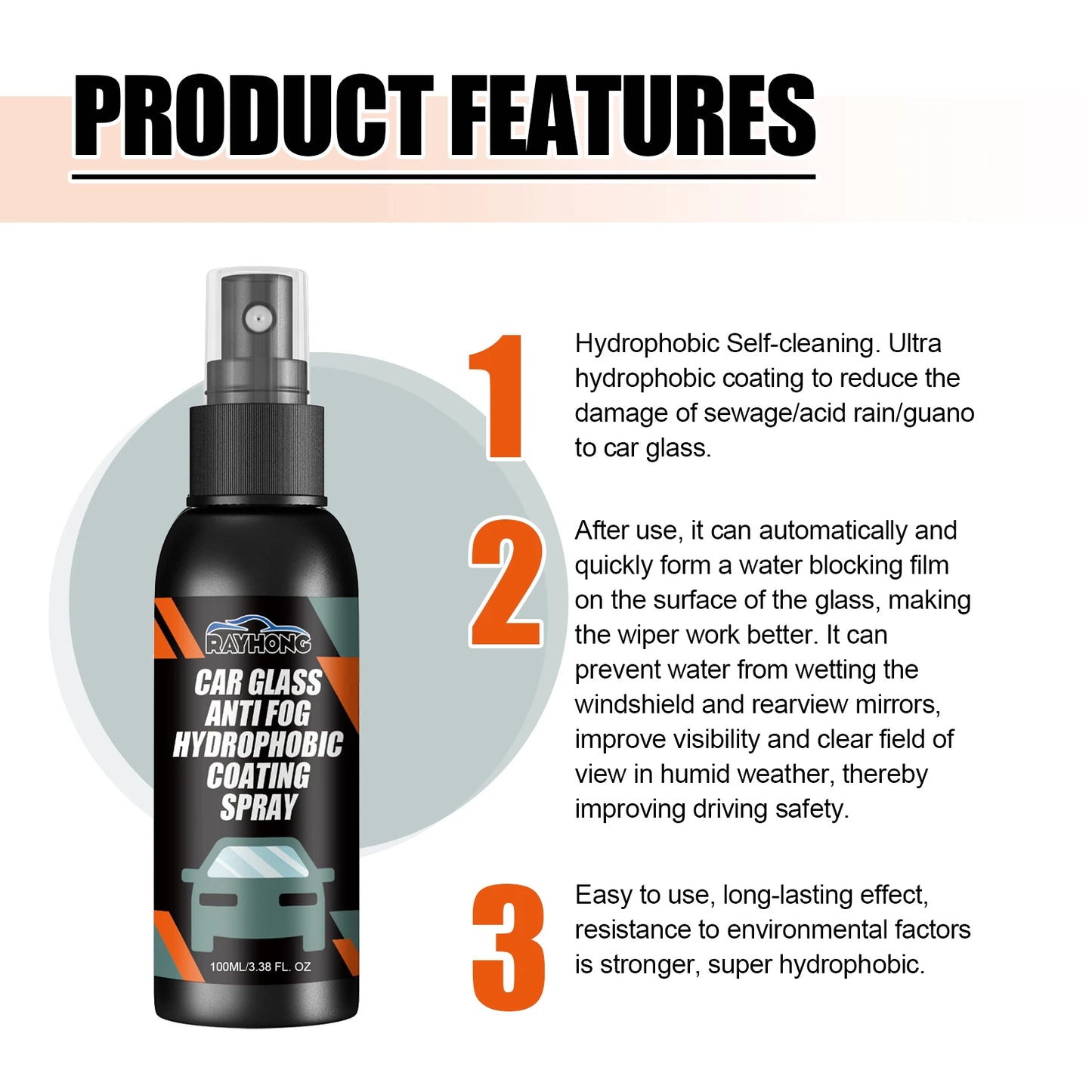 RAYHONG 100mL Car Glass Anti Fog Hydrophobic Coating Spray, Deep Cleaning, Water-Repellent And Anti-Fog, Long-Lasting