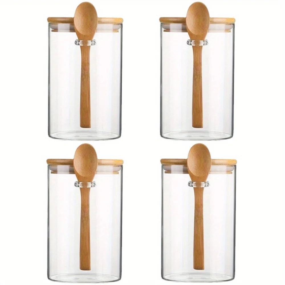 Coffee Sugar Container Salt 1/2/3/4pcs Airtight Glass Jars with Bamboo Lids and Spoons 18oz Glass Bulk Food Storage Jar