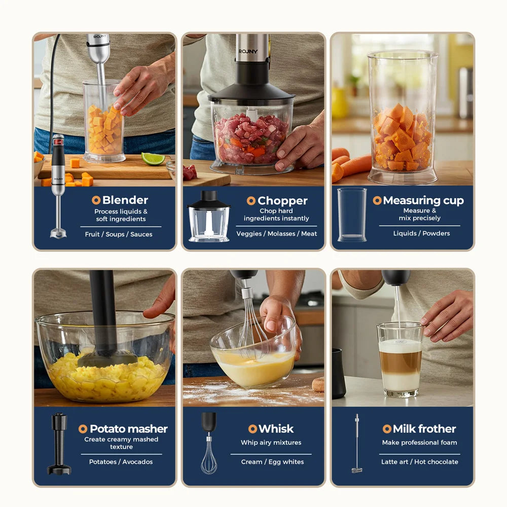 1500W 6-in-1 Immersion Hand Blender, Stainless Steel Shaft & Blades, 500ml Chopper/600ml Beaker/Whisk, BPA-Free, Snap Storage