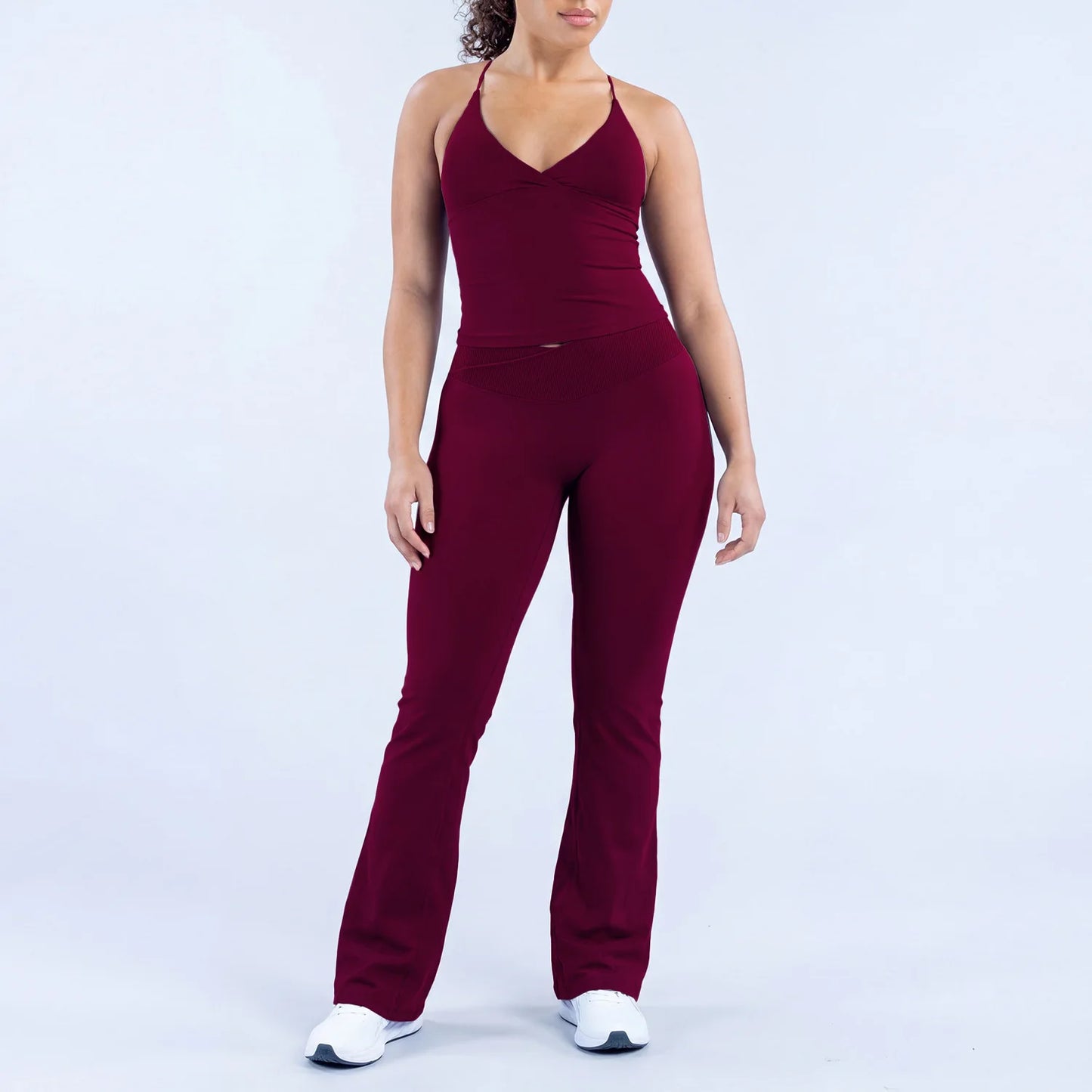 Women V Neck Yoga Tank Top 3DF-Cross Waist Flare Leggings Seamless Gym Workout Fitness Activewear Sports Set 2PCS
