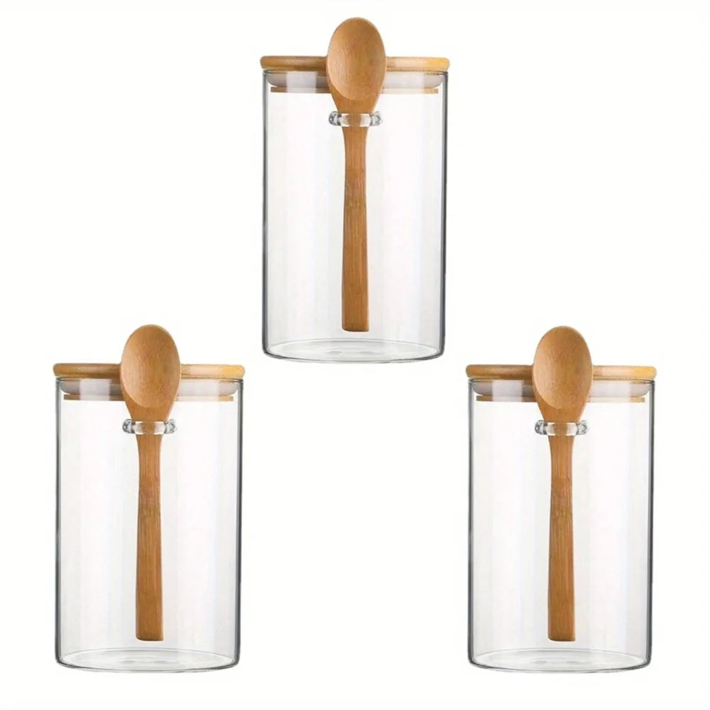 Coffee Sugar Container Salt 1/2/3/4pcs Airtight Glass Jars with Bamboo Lids and Spoons 18oz Glass Bulk Food Storage Jar