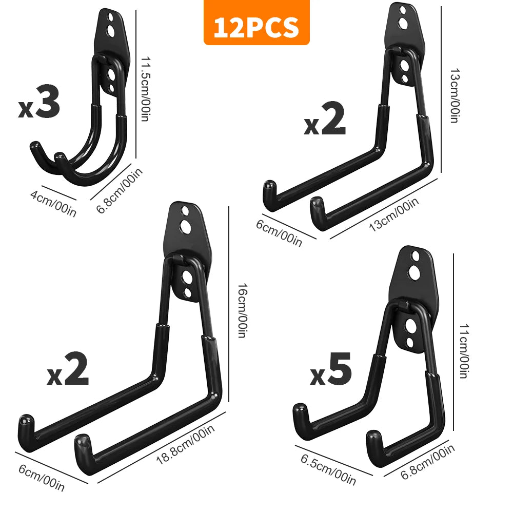 12 Pack Heavy Duty Utility Steel Garage Hooks, Wall Mount Garage Hanger & Organizer for Organizing Power Tools, Garden Tool