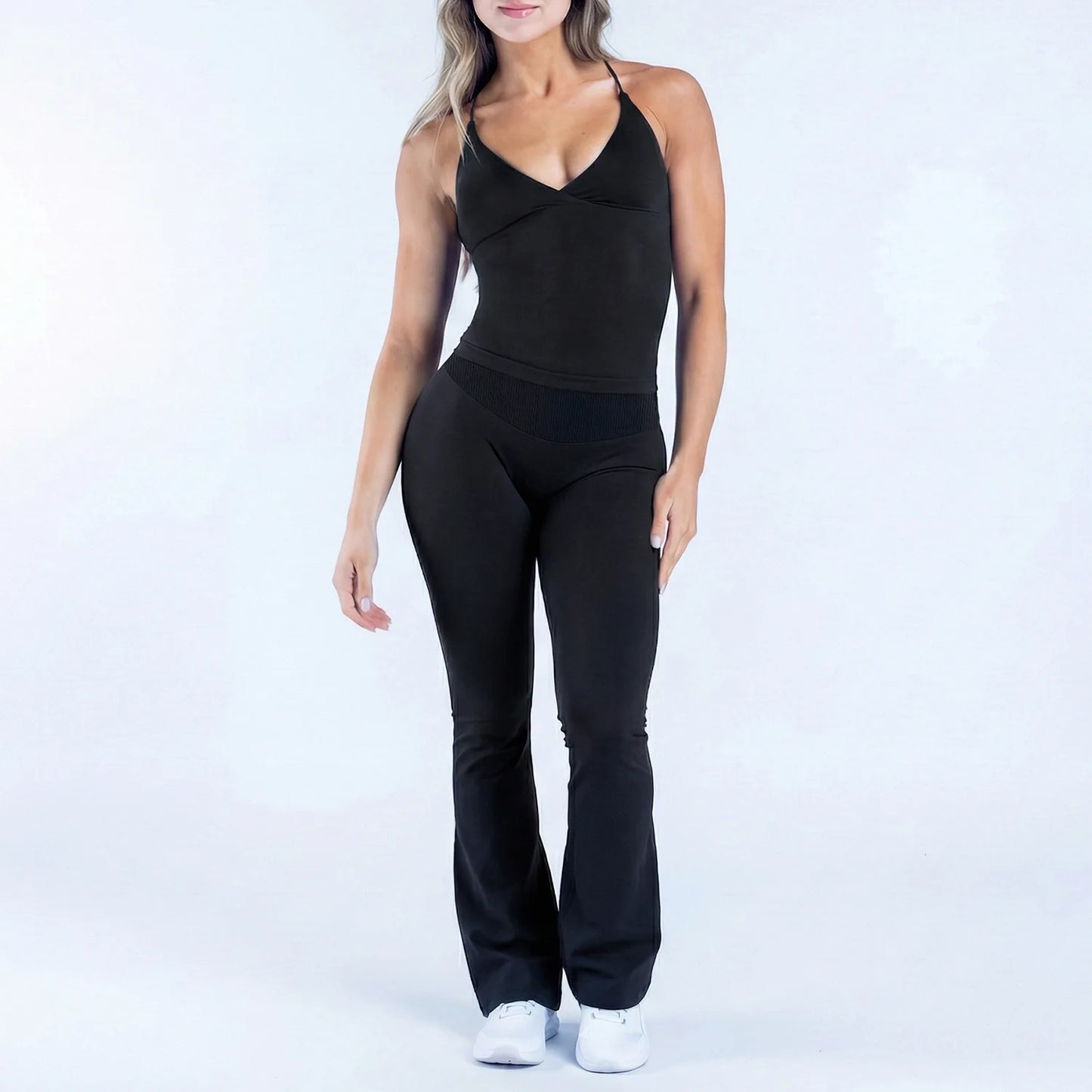 Women V Neck Yoga Tank Top 3DF-Cross Waist Flare Leggings Seamless Gym Workout Fitness Activewear Sports Set 2PCS