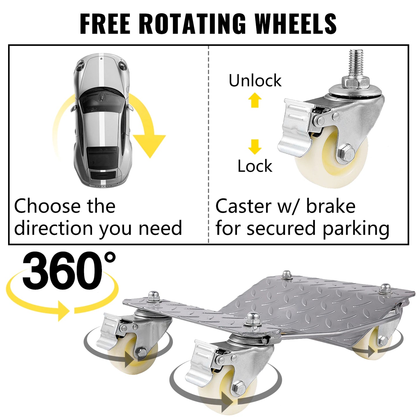 SucceBuy 2 Pcs Car Tire Wheel Trolley Dollies Vehicle Skates Moving Tire 4 Casters 1500 Lbs Weight Capacity Auto Repair Mover