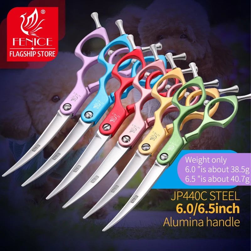 Fenice Professional JP440C&VG10 Colorful 6.0 6.5 Inch Curved Grooming Scissors Pet Scissor for Dogs Cats