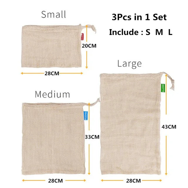 Reusable Cotton Mesh Produce Bags for Vegetable Fruit Food Kitchen Washable Grid Storage Bag Eco String Bag Kitchen Organizer
