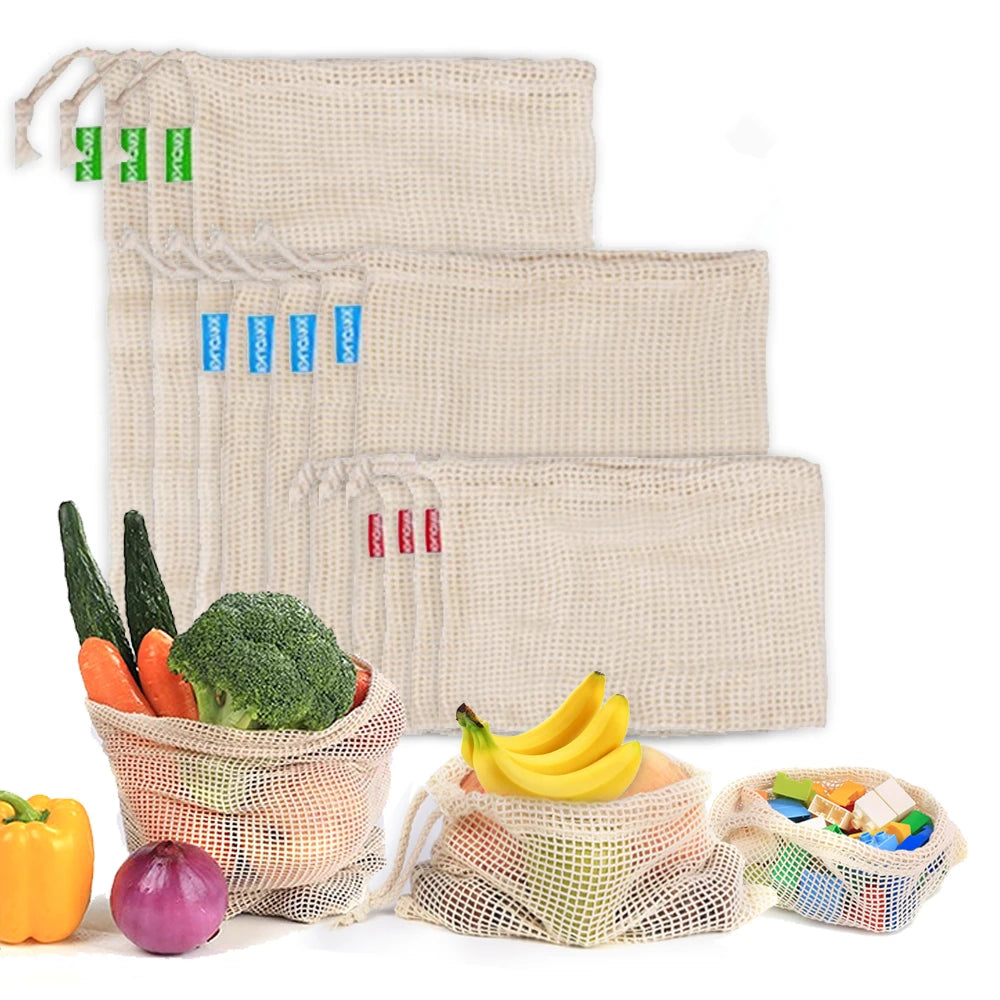 Reusable Cotton Mesh Produce Bags for Vegetable Fruit Food Kitchen Washable Grid Storage Bag Eco String Bag Kitchen Organizer