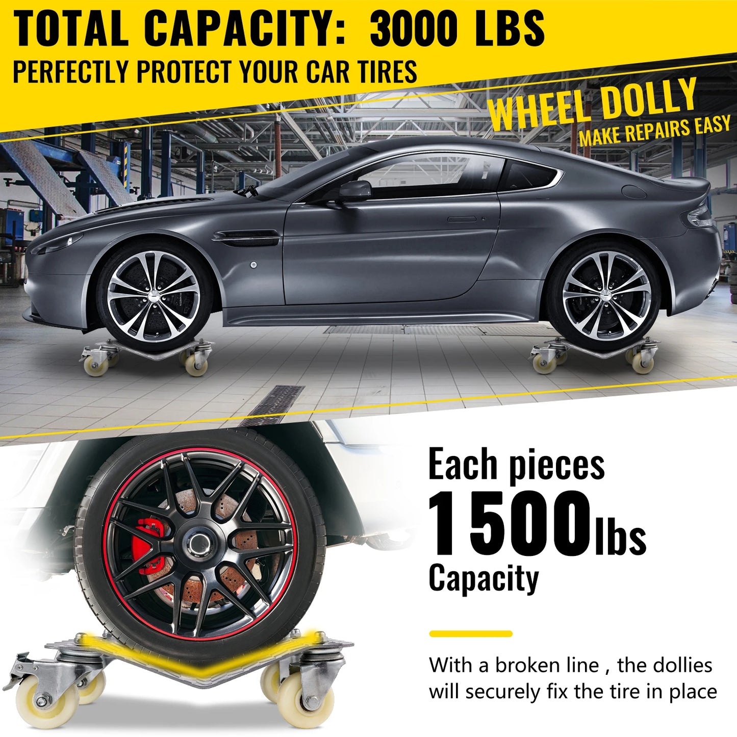 SucceBuy 2 Pcs Car Tire Wheel Trolley Dollies Vehicle Skates Moving Tire 4 Casters 1500 Lbs Weight Capacity Auto Repair Mover