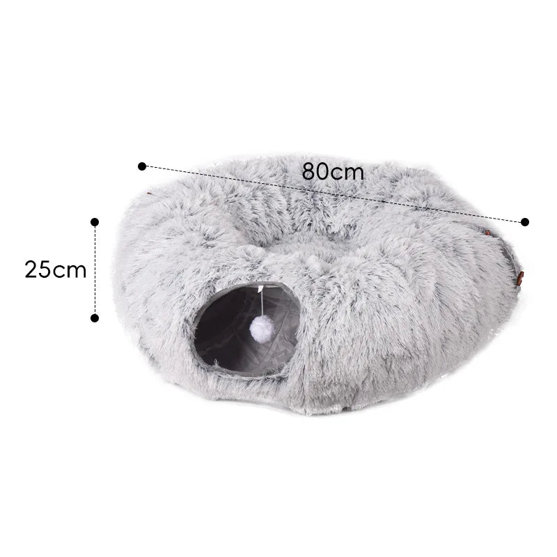 Foldable Plush Cat Tunnel Bed: Insulated Winter Cat Cave with Peek-Holes, Convertible Snuggle Pod for Indoor Cats