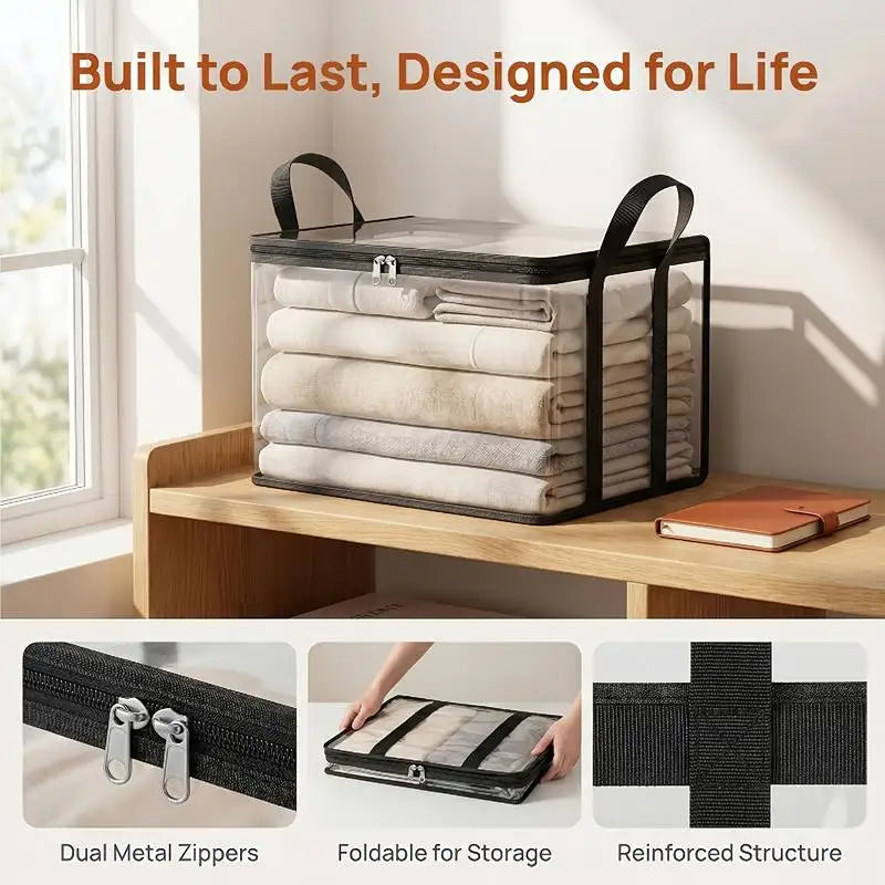Foldable Storage Bins 3 Pack Large Clear Heavy Duty Boxes with Lids Collapsible Clothes Blanket Organizer for Closet Bedroom