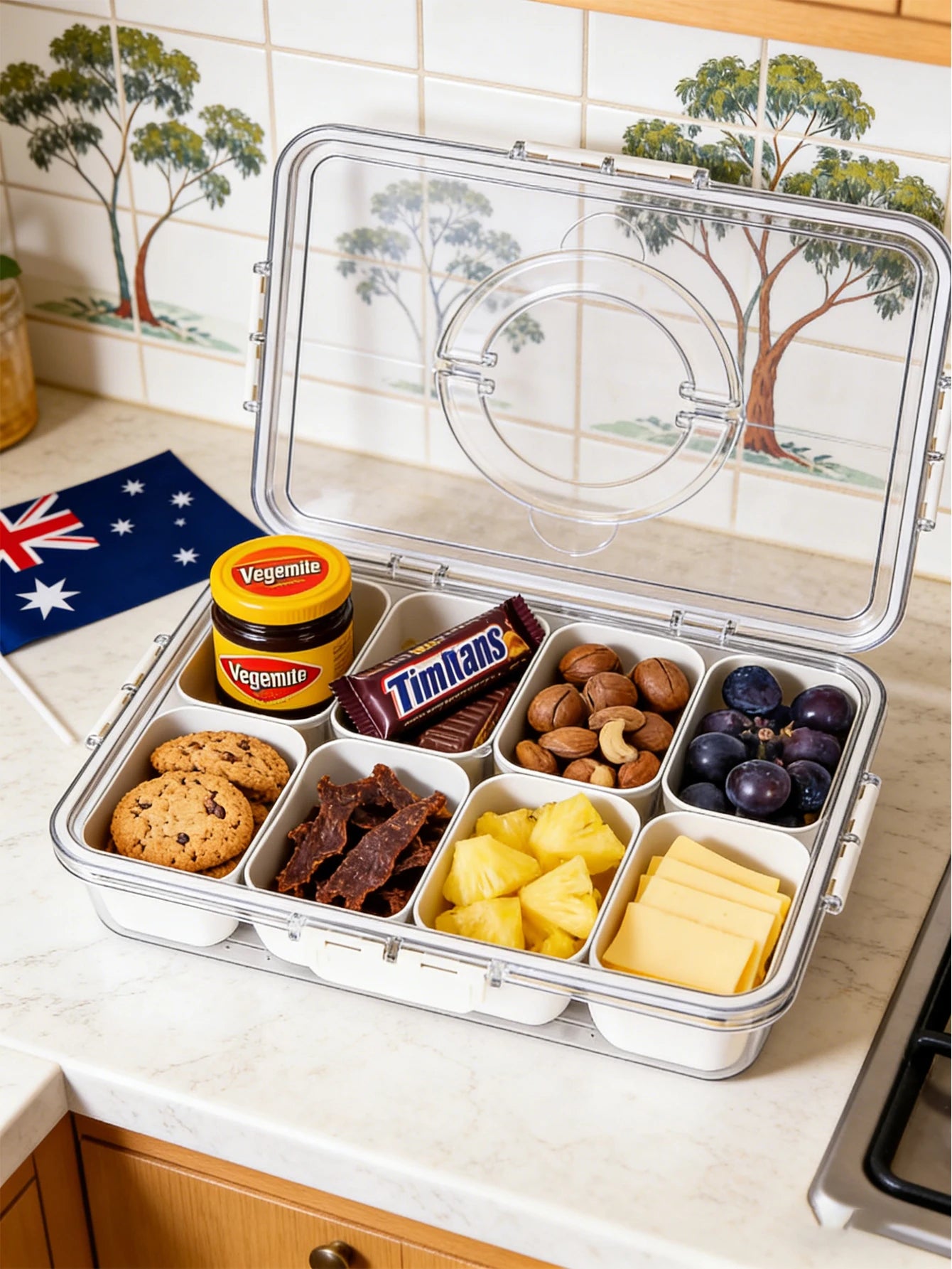 1 storage container, 8-compartment lidded food storage box, portable food storage container, kitchen organization and storage