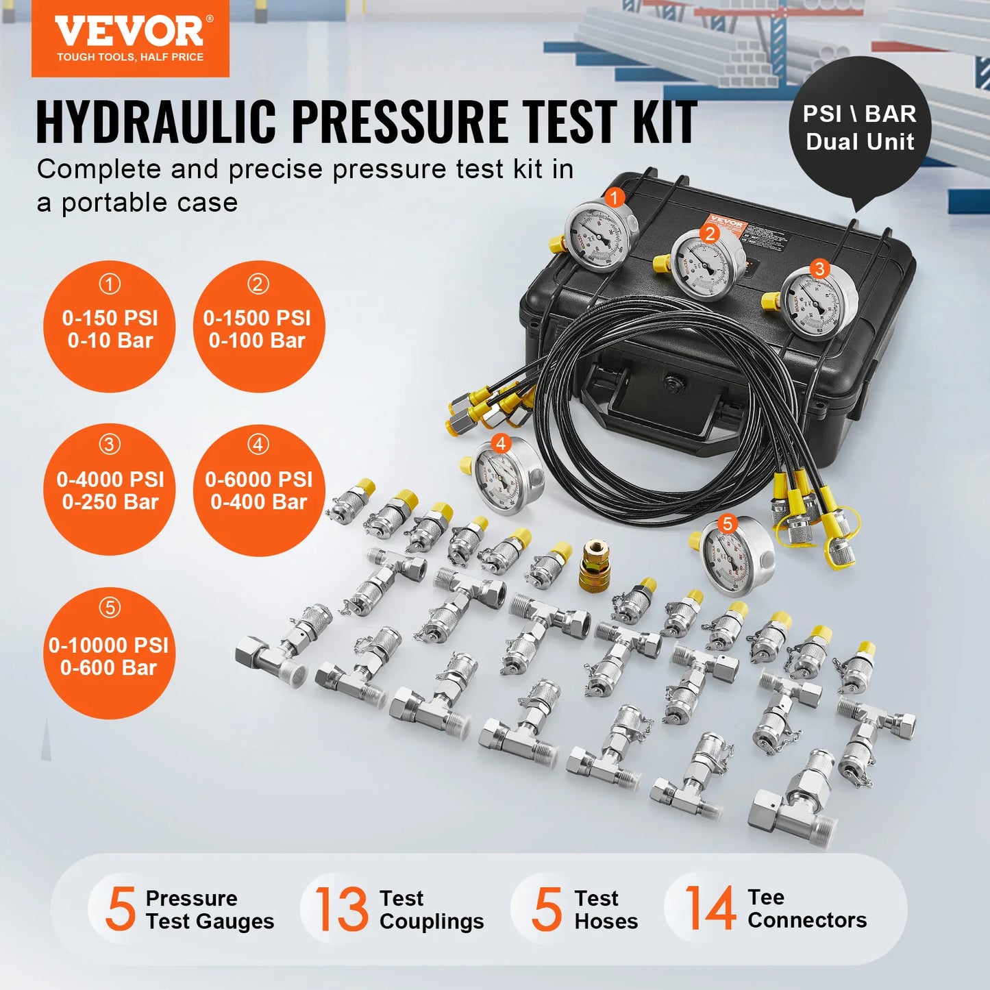 SucceBuy Hydraulic Pressure Test Kit Excavator Hydraulic Test Gauge Set with Carrying Case for Excavator Tractors Machinery