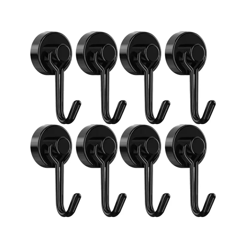 Neodymium Magnetic Hooks 5KG - 360° Rotating No Drill Hangers for Fridge/Doors, 4PCs Heavy Duty Kitchen Organizer (Black/White)