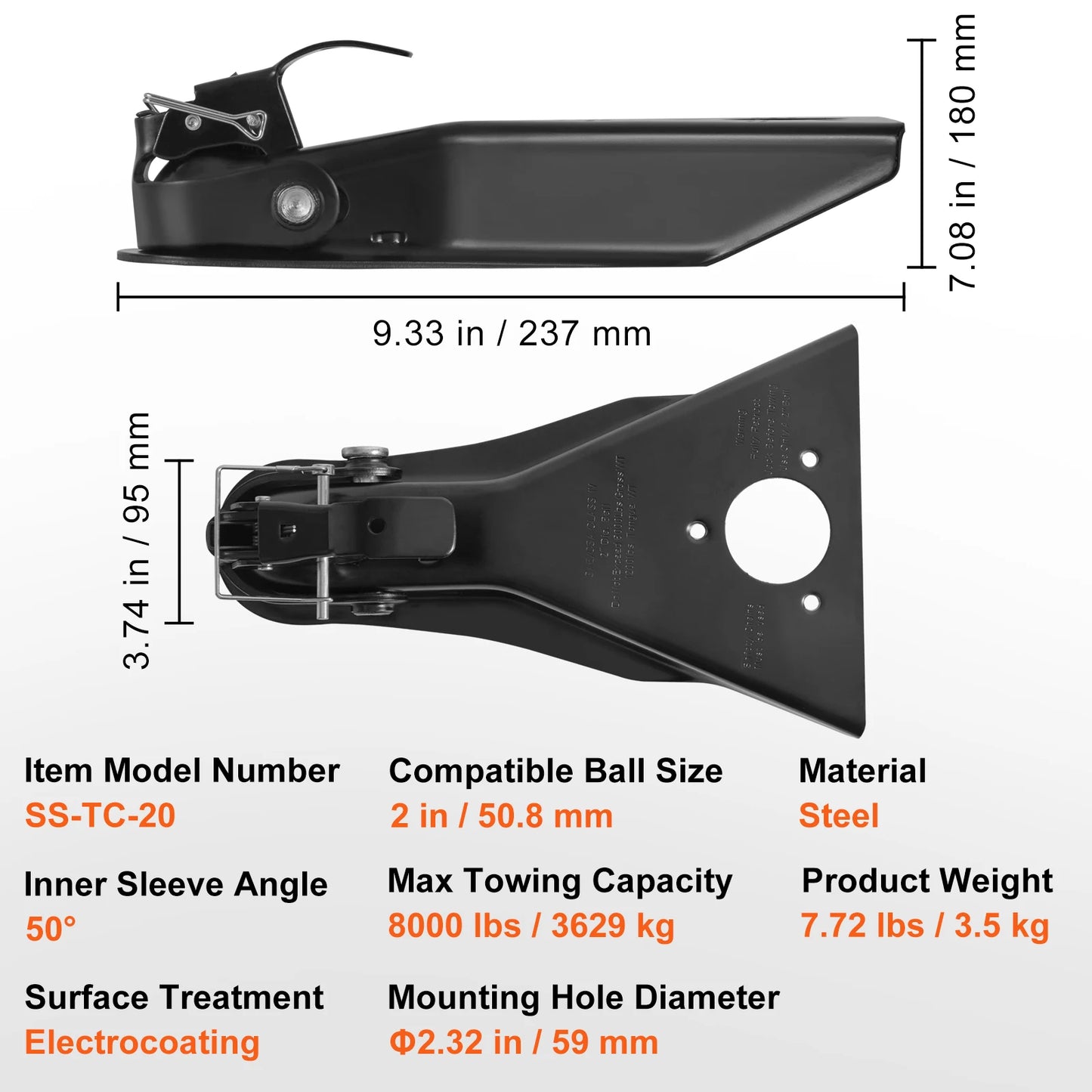 VEVOR 8000 lbs A-Frame Trailer Coupler Fits 2-Inch Hitch Ball Size Channel RV Parts Camper Accessories for Towing Station Trucks