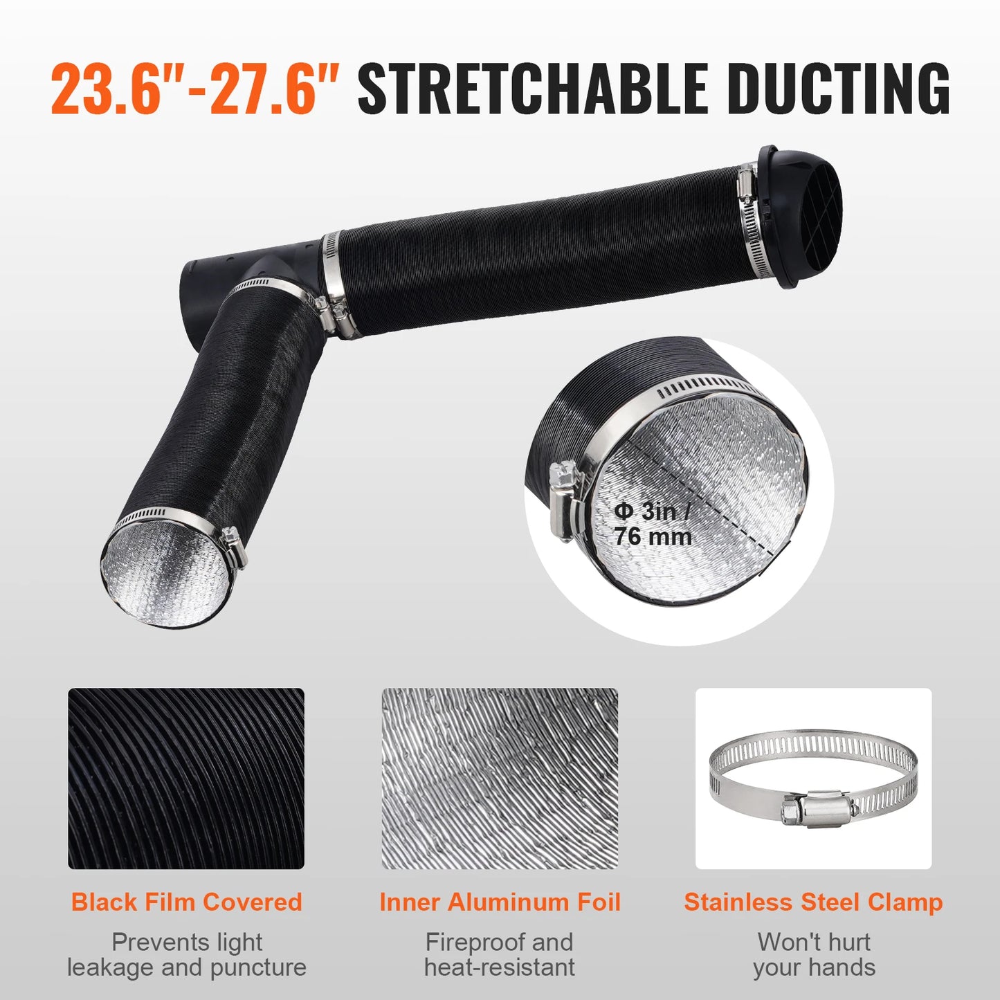 SucceBuy Diesel Heater Pipe Ducting Set 3" Extendable Air Duct Hose 1" Stainless Steel Exhaust Pipe 2 Air Vents Tee Air Outlet