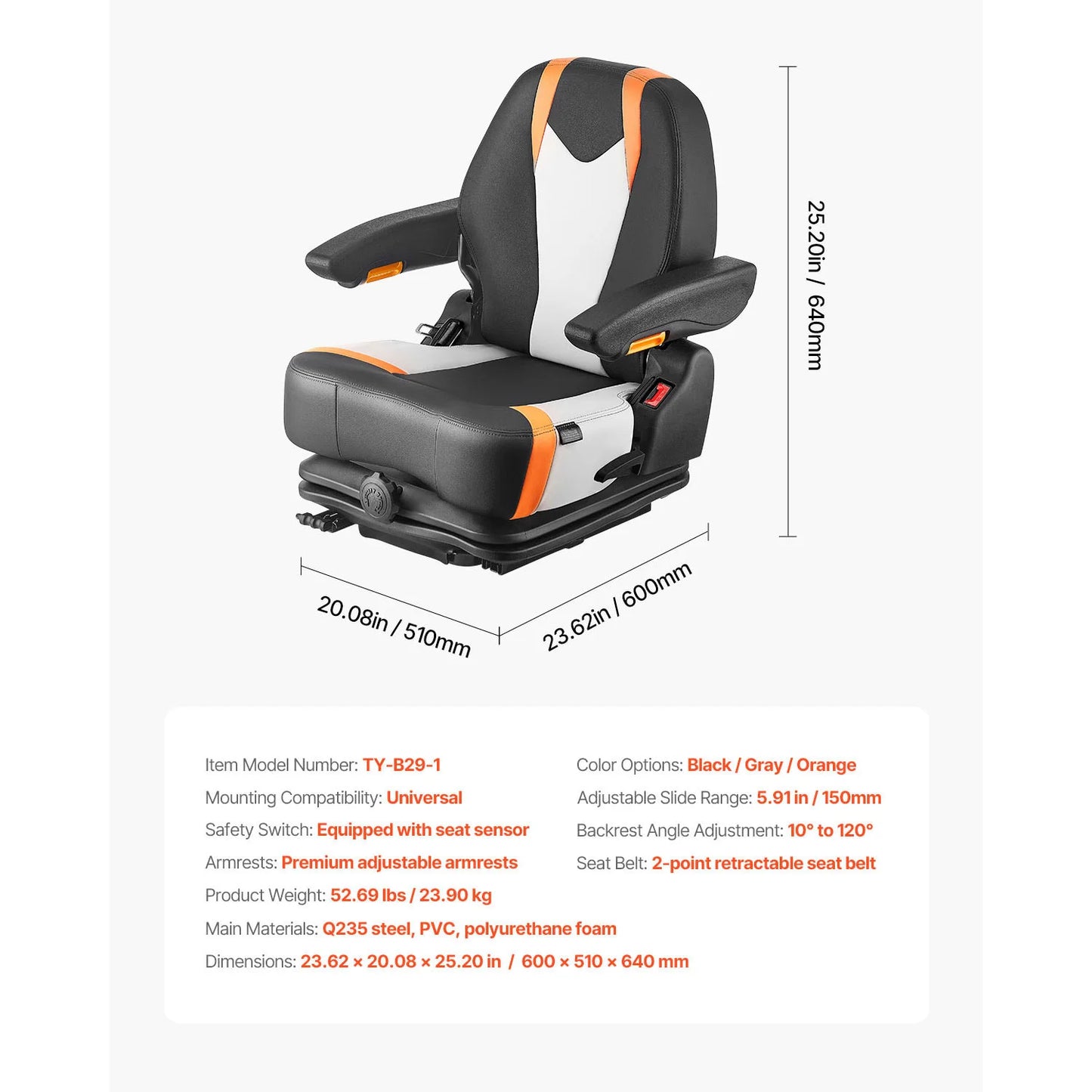 SucceBuy Universal Forklift Seat Suspension Seat with Back Fold Down Tractor Seat with Switch Lawnmower Seat for Skid Loader