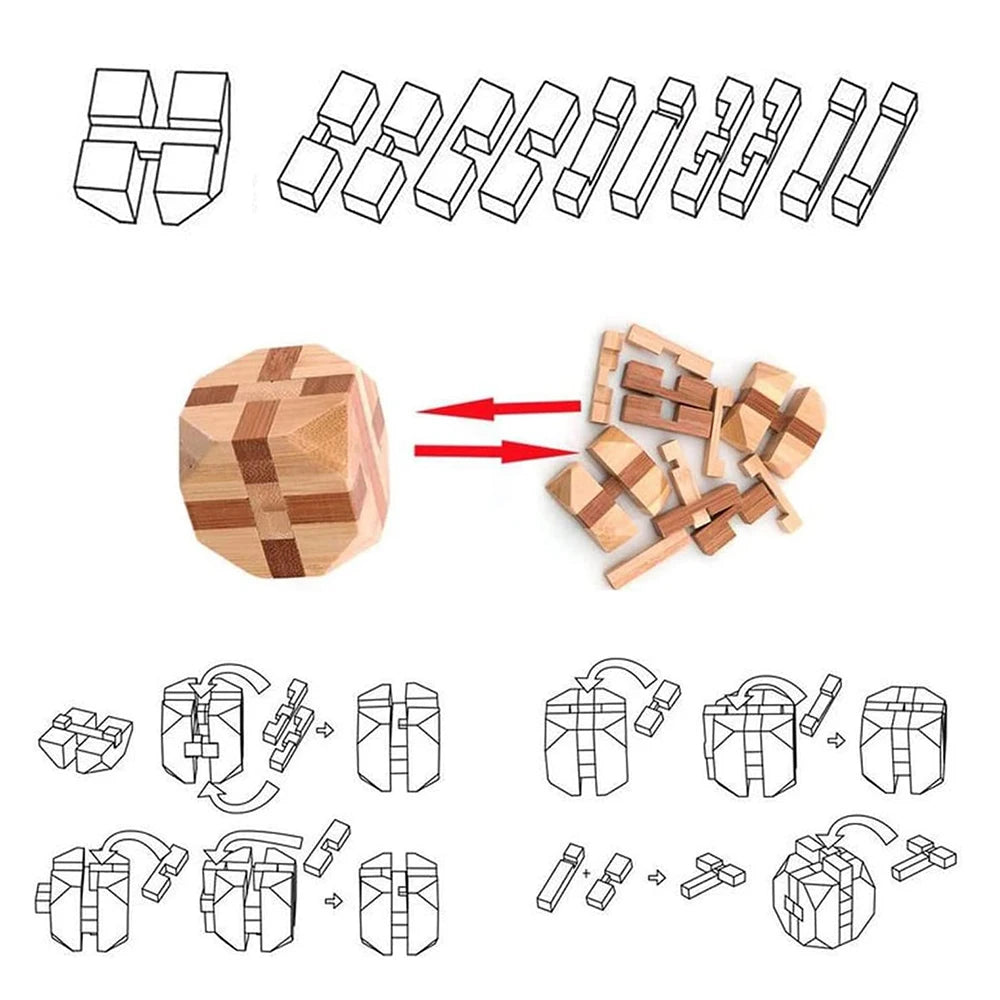 Kids Children Adult Kong Ming Luban Lock 3D Handmade Bamboo Math Puzzles Brain Teasers Educational Finger Toy Birthday Xmas Gift