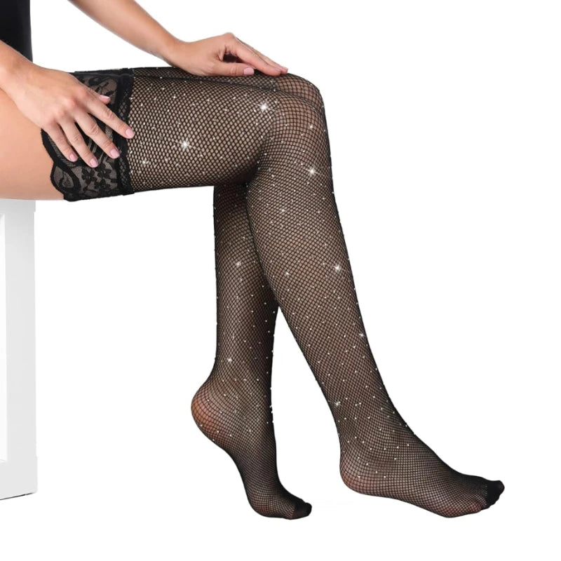 medias Silicone Shiny Long Sock for Women Non-slip Thigh High Stockings Rhinestone Bling Hot Girl Club Wear Fishnet Lace Hosiery