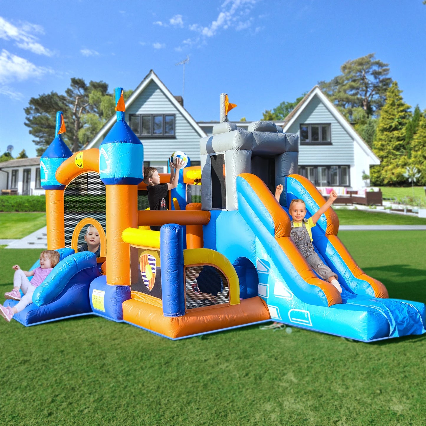 100% PVC Kids Bouncy Castle House  Inflatable Bounce House With 2 Slides Tunnels Climbing, Basketball Hoops Ball Pit, Jum