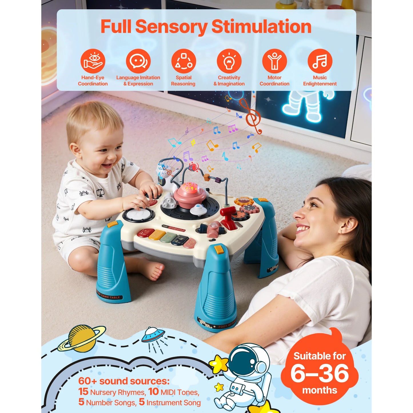 SucceBuy Baby Spacecraft Musical Table Toys with Space Theme & Soft-glow Star Projector & 60+ Sound Sources for Kids