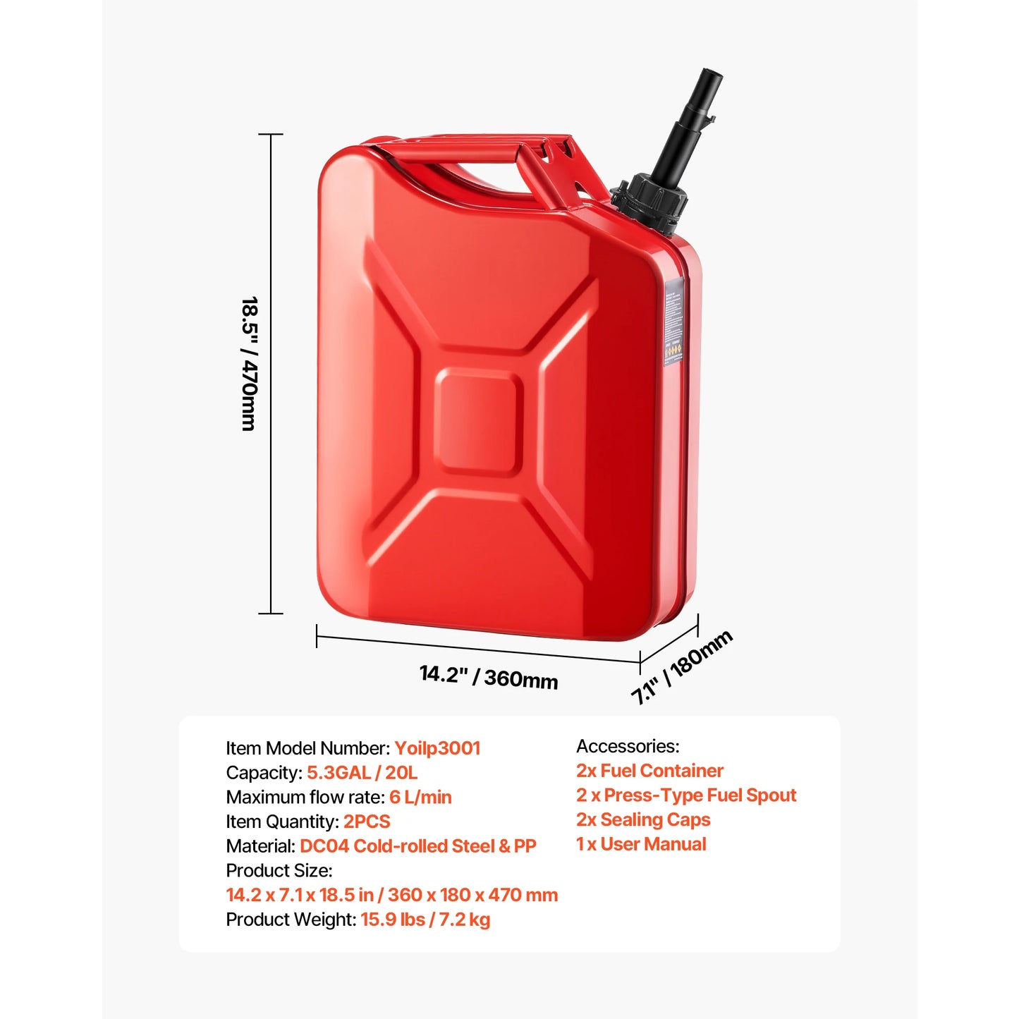SucceBuy 1/2PCS 20L Metal Fuel Container Fuel Jerry Can with Spout & 6 L/min Max Flow Rate Gas Tank for Cars Motorcycle ATV UTV