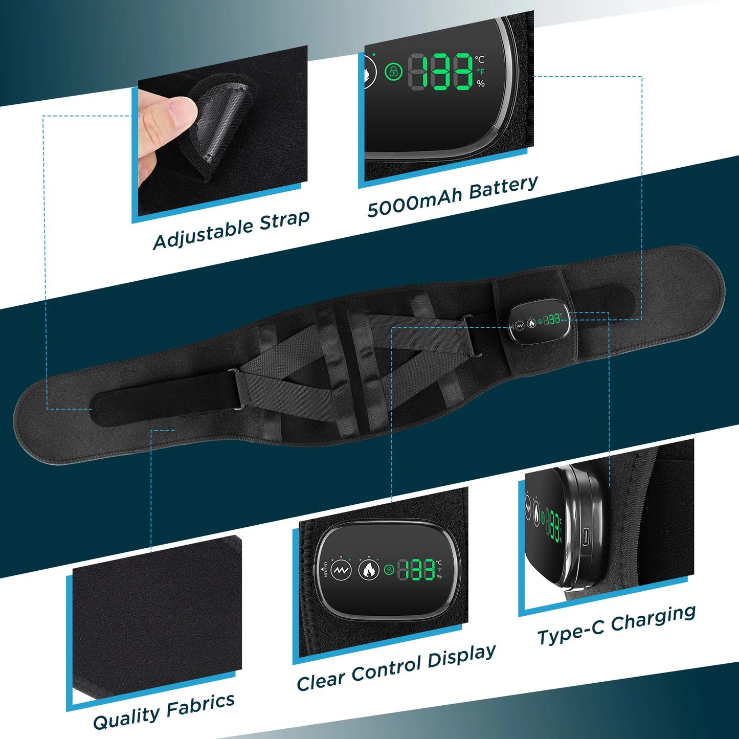 Cordless Heated Vibration Massage Belt Infrared Waist Massager Lumbar Support Decompression Back Brace Muscle Relax Relieve Pain