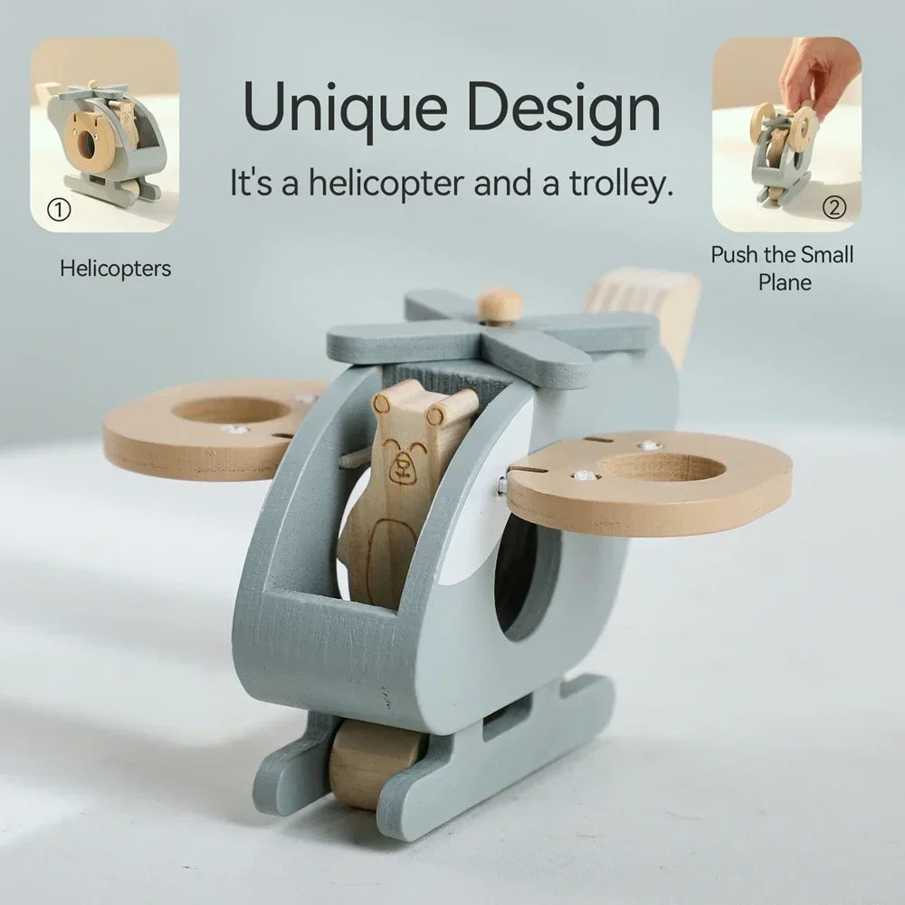 Wooden Toys Plane Helicopter Bus Boat Montessori Education Toys for 1 Year Old Wooden Transportation Blocks Cartoon Cat Toys