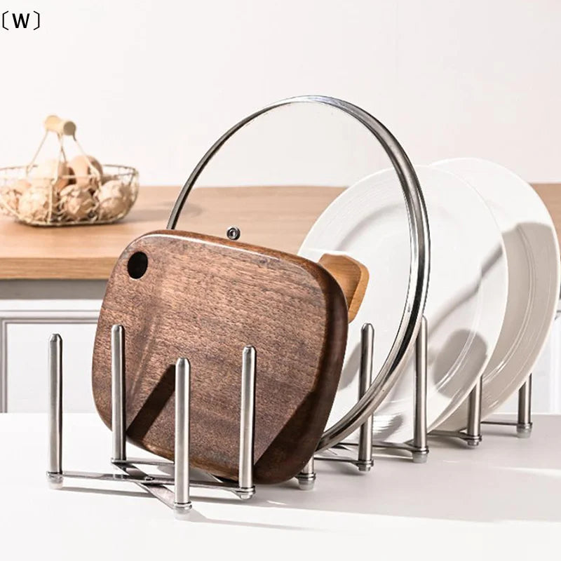 〔W〕Pot Lid Rack Pan Lid Organizer Retractable Foldable Stainless Steel Plate Dish Holder Shelf Tableware Storage Kitchen Gadgets