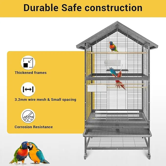 1 Package [Fine Item] Metal Roof-Shaped Parrot Cage, Bird Cage, 80*60*167Cm, Suitable For All Kinds Of Parrots