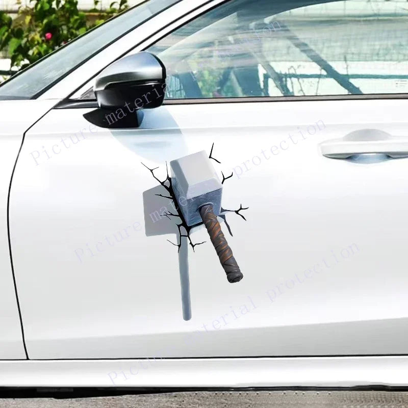 Eye-Catching 3D Crack Hammer Car Stickers for All-Terrain Vehicles Bumper Door Cover Scratches Scooter Body Waterproof Decals