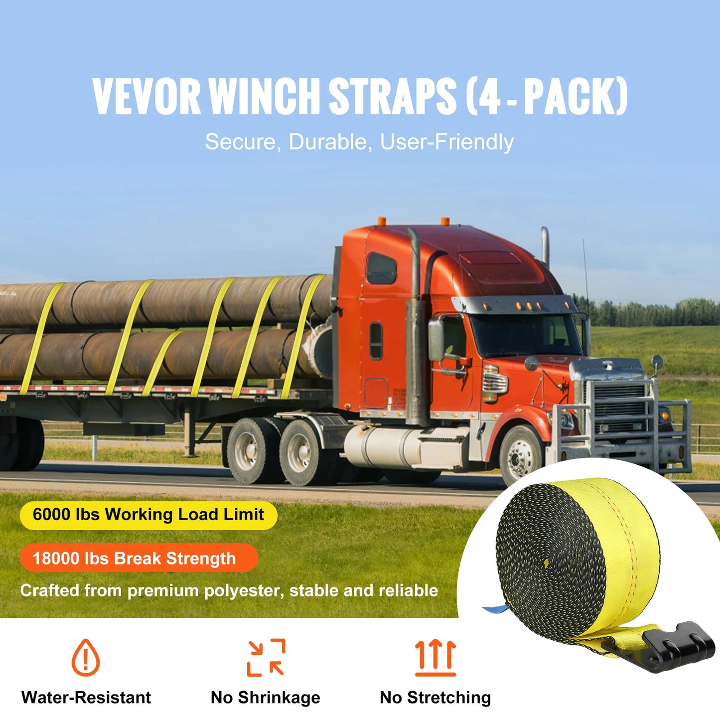 SucceBuy 10Pack Winch Straps Truck Straps with Flat Hook Flatbed Tie Downs Cargo Control for Trailers Farms Rescues Tree Saver